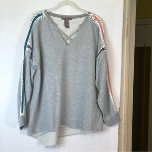 Sharon Young Mixed Stitch Crochet Frayed Raw Hem Asymmetrical Sweatshirt